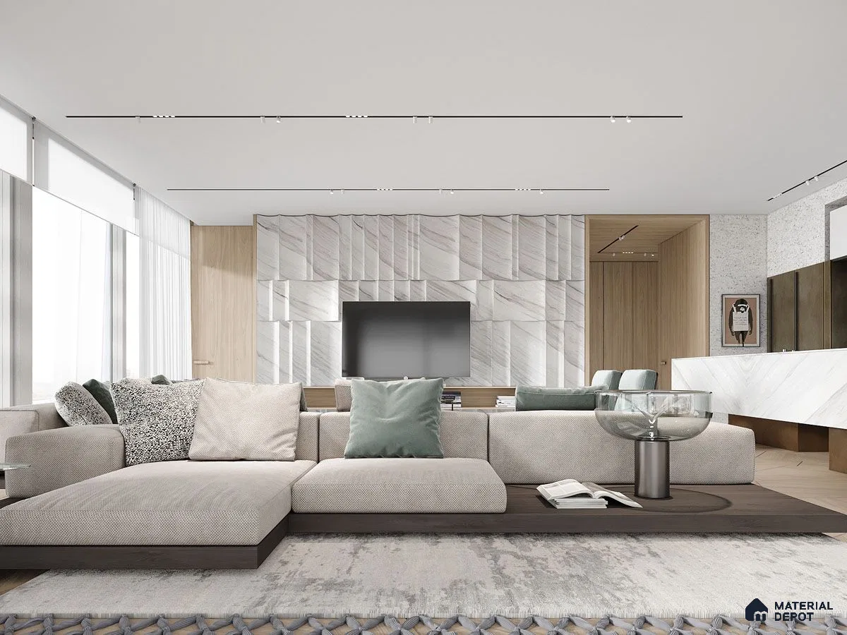 A global-inspired living room with decor from around the world, rich textures, and vibrant colors.